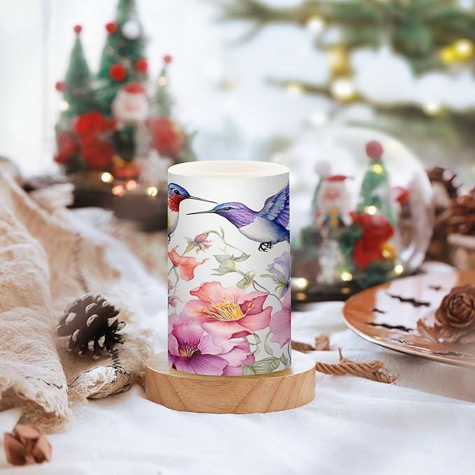 ALAZA Spring Hummingbird Flowers Flickering Flameless Candles Battery Operated with Remote Timer,Tea Light Candles LED Pillar Votive Candles Set of 2 for Outdoor Indoor Decorations