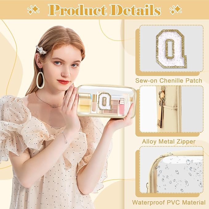Personalized Initial Letter Clear Makeup Bag,Preppy Small Nylon&PVC Cosmetic Zipper Bag with Chenille Letter,Portable Beach Travel Skincare Toiletry Bag,Trendy Monogram Gift for Teen Girls Women,Q