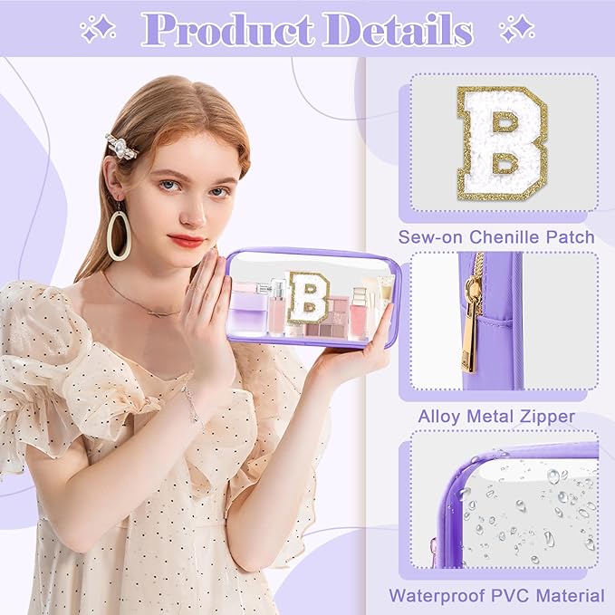 Personalized Initial Letter Clear Makeup Bag,Preppy Small Nylon&PVC Cosmetic Zipper Bag with Chenille Letter,Travel Skincare Toiletry Bag,Monogram Christmas Gift for Teen Girls Women,B