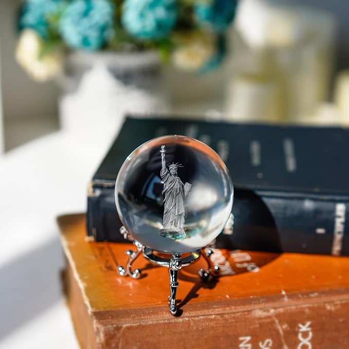 ZEERSHEE 4th of July Decoration 2.3in 3D Laser Statue of Liberty Crystal Ball Paperweight with Stand New York Souvenirs Gifts for Women Men Friends