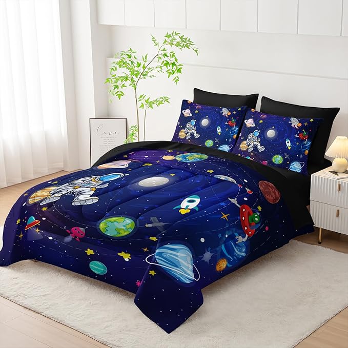 AILONEN Cute Astronaut Comforter Set Full Size,7-Piece Outer Space Planet Rocket Bed in a Bag,Comforter & Fitted Sheet with Flat Sheet & 2 Pillowcases,2 Pillow Cases for Bedroom,Soft Microfiber