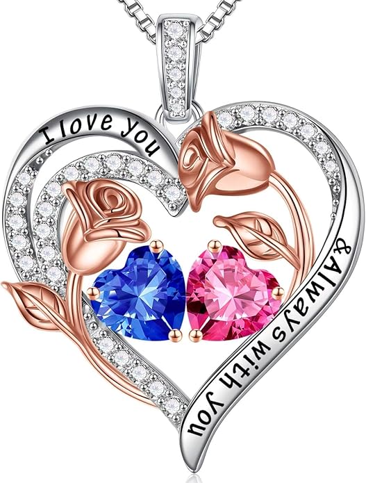 Iefil Valentines Day Gifts for Her - 925 Sterling Silver Rose Heart Birthstone Necklace Birthday Anniversary Jewelry Gifts for Her Wife Mom Daughter