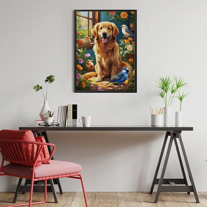 Wooden Puzzle - Garden Golden Retriever Jigsaw Puzzles，Wooden Puzzles for Adults 500 Pieces Challenge Puzzles，Educational Games，Family Puzzles，Unique Gifts for Wall Art