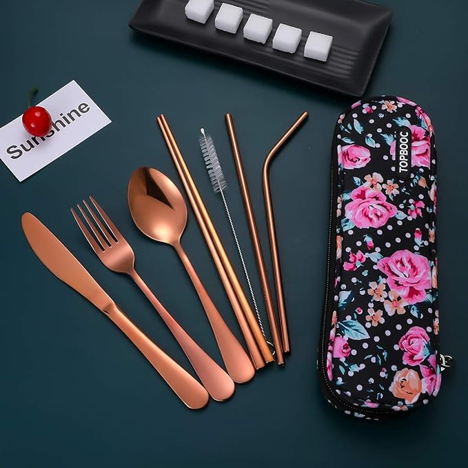 Travel Utensils,Reusable Silverware Set To Go Portable Cutlery Set with a Waterproof Carrying Case for Lunch Boxes Workplace Camping Picnic (Rosegold)