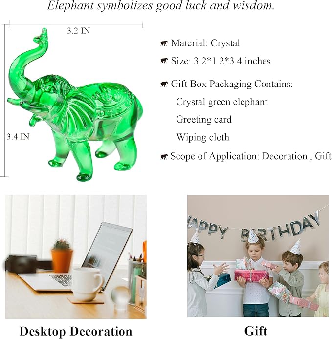 Crystal Elephant Figurine Home Decor, Glass Statue Gifts for Women Men, Collectible Animals Tabletop Decoration Sculpture With Trunk Up Ornaments (Green)