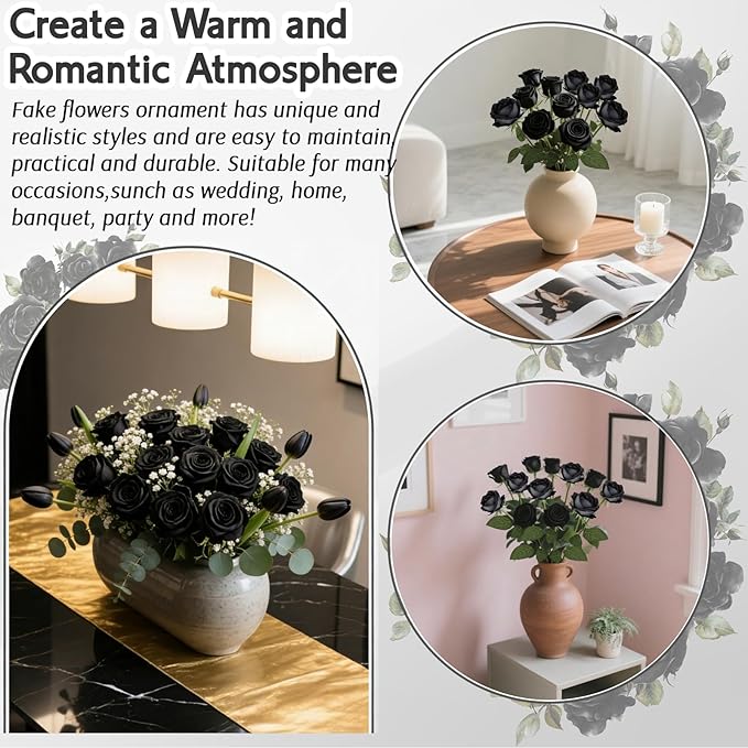 Roses Artificial Flowers, Black Flowers with Stem Valentine Anniversary Sympathy Memorial Gift, Fake Silk Roses Indoor Outdoor Decor for Funeral Wedding Birthday Party Christmas Halloween(24, Black)