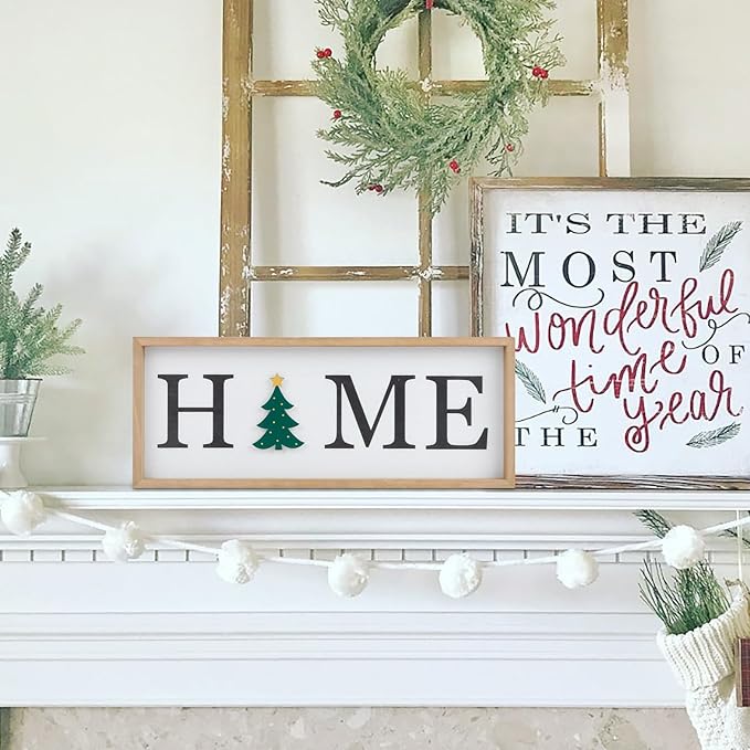 Interchangeable HOME Seasonal Tabletop Sign with 12 Pcs Seasonal Icons Wooden HOME Sign for All Seasons Shelf Mantel Windowsill Decor