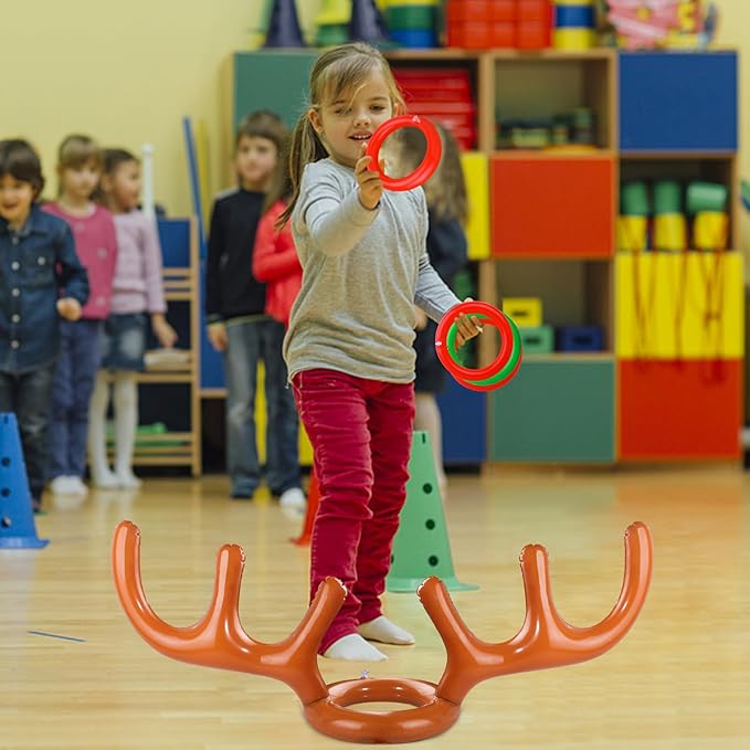 2 Set Inflatable Reindeer Antler Ring Toss Game for Christmas, with 2 Antlers and 8 Rings, Indoor Outdor Game Hats Family Christmas for Teens Adults, Fun Xmas Gifts