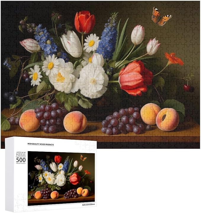 Wooden Puzzle - Vase Flower Grapes Peaches Wooden Puzzles for Adults 500 Pieces Challenge Puzzles，Educational Games，Family Puzzles，Unique Gifts for Wall Art ，Funny Puzzles