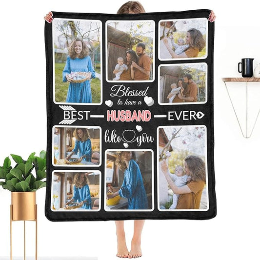 Custom Blanket Gifts for Husband, Customized Blankets with Photos, Make a Personalized Bed Throws to My Husband, Custom Souvenir Throw Blanket for Best Husband Ever, 8 Collages Made in USA