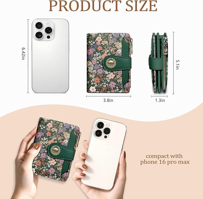 Floral Flowers Small Wallet Women RFID Blocking Bifold, Credit Card Holder, Zipper Coin Pocket, PU Leather, Compact, Travel, 4 ID Window, 14 Card Slots, Cash Purse, Ladies Woman Female Girls
