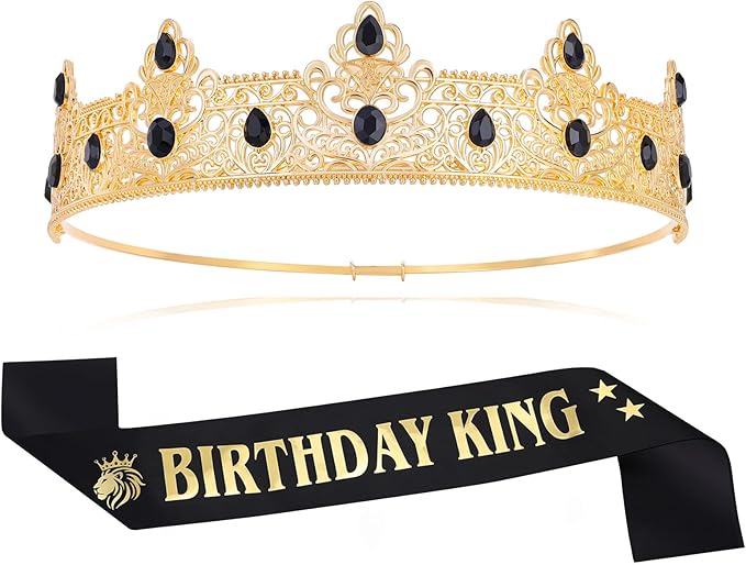 King Crown and Birthday Sash Birthday Decorations for Men Boy Royal Medieval Headband for Cosplay Prom Halloween Costume
