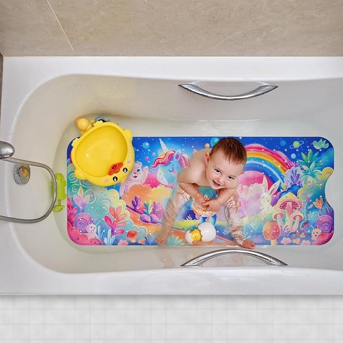 Reetual Cartoon Baby Bath Mat – Non Slip Kids Bathtub Mat for Toddlers, 40" x 16", Suction Cups & Drain Holes, Machine Washable (Unicorn)