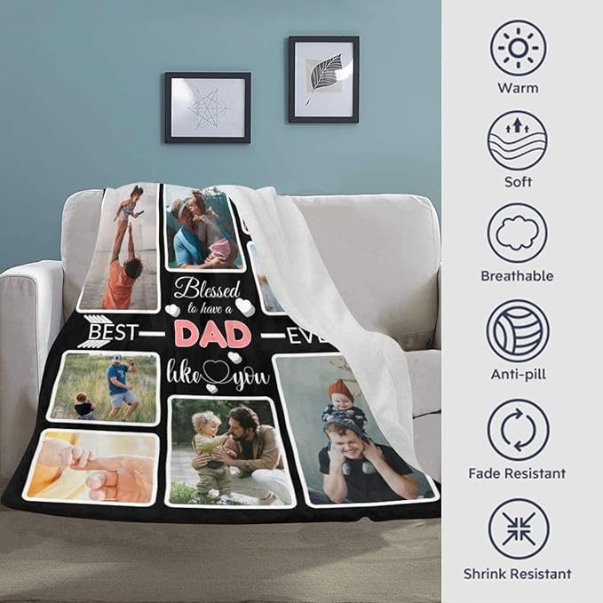 Custom Blanket Gifts for DAD, Customized Blankets with Photos, Make a Personalized Bed Throws to My DAD for Fathers Day, Custom Souvenir Throw Blanket for Best DAD Ever, 8 Collages Made In USA