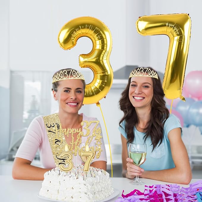 37th Birthday Decorations for Women Gold with 37th Birthday Sash and Tiara, Cake Topper and Candles, Number Balloons, 37 Year Old Gifts for Women