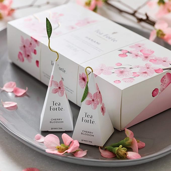 Tea Forte Premium Petite Presentation Box Gift Set Sampler, 10 Count, 2 of Each Blend Individually Wrapped Handcrafted Pyramid Infuser Bags, Cherry Blossom