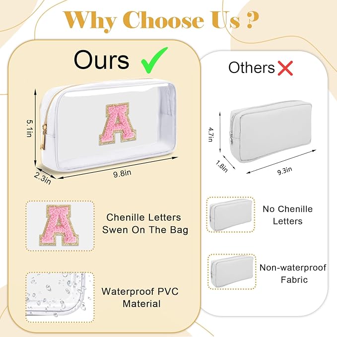 Personalized Initial Letter Clear Makeup Bag,Preppy Small Nylon&PVC Cosmetic Zipper Bag with Chenille Letter,Travel Skincare Toiletry Bag,Monogram Christmas Gift for Teen Girls Women,K