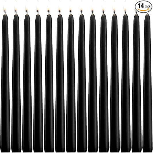 Set of 14 Black Taper Candles, 7-8 Hours Burn Time, Unscented, Smokeless and Dripless, 4/5 x 10 Inch Dinner Candle Set for Halloween,Household, Wedding, Party and Home Décor Candlesticks