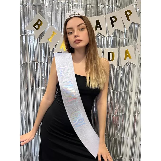 Sliver Birthday Girl Crown and Sash, Pearl Birthday Tiara,Sliver Birthdays Decorations Set, Princess Crown Tiara for Women and Girls