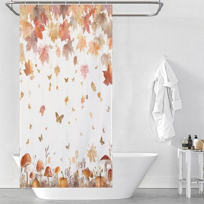 Fall Pumpkin Shower Curtain Autumn Maple Leaves Thanksgiving Harvest Waterproof Washable Fabric Bathroom Shower Curtains for Bathroom Decorations Home Indoor Decor 35x72Inch