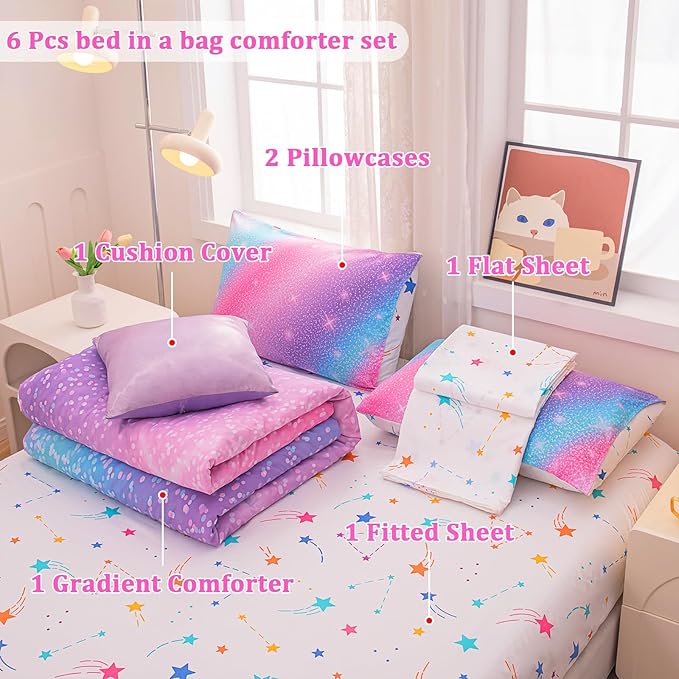 Rainbow Bedding Set Full Size – 6-Piece Reversible Girls Comforter with Deep-Pocket Sheet, Gradient Galaxy Design, Whole-Piece Filling, Machine Washable Bed-in-a-Bag for Kids Room Makeover & Gifts