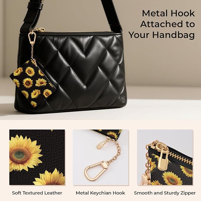 Sunflower Keychain Coin Purse for Women, Small PU Leather Change Pouch, Zipper Little Tiny Travel Wallet for Girls, Cute Kawaii Zip Pocket Coin Holder with Key Ring