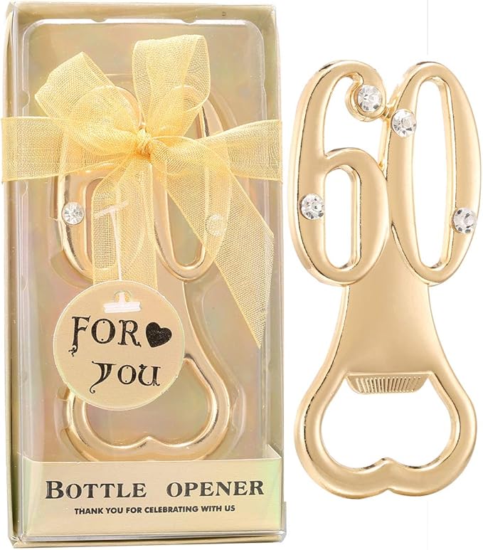 PARTYGOGO Set of 12 Creative Bottle Openers for 60th Birthday Party Favors or 60th Wedding Anniversary Party Gifts 60 Birthday Party Favors Souvenirs Decorations for Guests(12,Gold 60th)