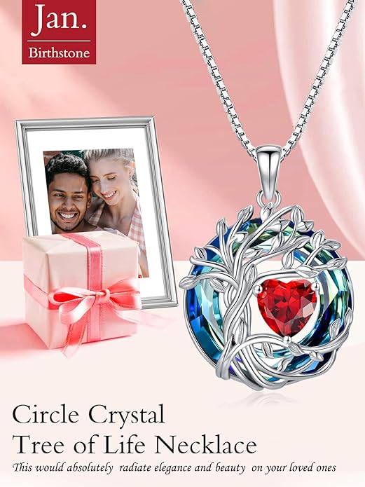 TOUPOP Tree of Life Birthstone Necklace 925 Sterling Silver Pendant Austrian Crystal Jewelry Anniversary Valentine's Day Birthday Gifts for Women Mom Her Wife