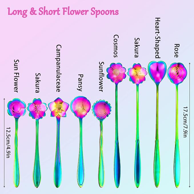 9 PCS Rainbow Flower Spoon Set, 2 Different Size Stainless Steel Reusable Teaspoons for Drink Mixing Milkshake Jam