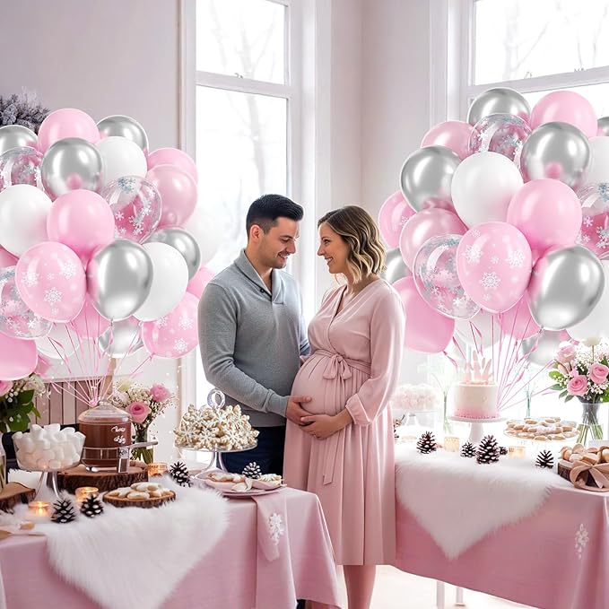 60pcs Snowflake Balloons, Pink and Silver Balloons with Snowflake Confetti Pearl Pink Metallic Silver Balloon for Baby Shower Birthday Party Decorations
