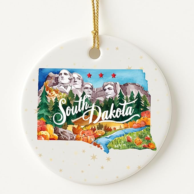 USA State Landmark Ceramic Ornament – Round Glossy Christmas Decoration Featuring U.S. State Art, Landmarks & Holiday Scenery – Collectible Travel Souvenir Ornament Series (South Dakota)