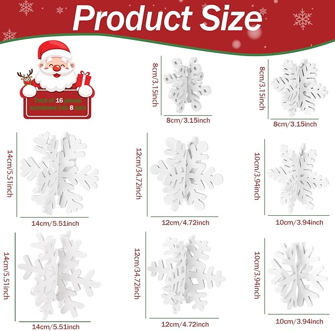 16 Pcs Wooden Snowflake Decorations, 3D White Snowflake Christmas Table Decor, Winter Christmas Table Decorations Indoor, Winter Wonderland Decor for Home Party