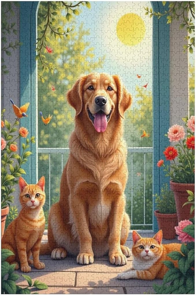 Puzzles for Adults 1000 Pieces Wooden Jigsaw Puzzle - Garden Golden Retriever Theme Puzzle，Party Games，Family Toys，Educational Puzzles，Stress Relief Wooden Puzzle，Gifts for Family and Friends