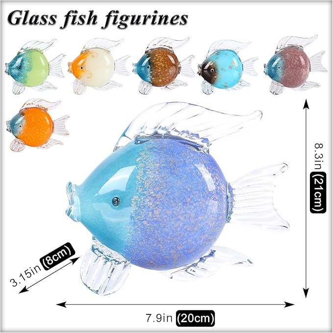 Blue Glass Fish Art Decoration Hand Blown Glass Fish Figurine, Art Paperweight Collection, Modern Office Luxury Decorations(WA-7)