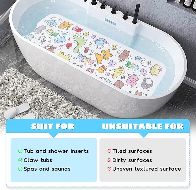 Baby Bath Mat for Tub Non Slip Kids Bathtub Mat Extra Long 40X16 Inch Toddler Bath Tub Shower Mat Anti Slip with Suction Cups & Drain Holes, Machine Washable (Cartoon)