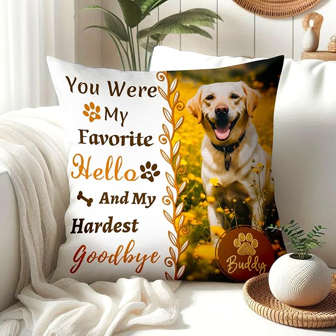 Personalized Memorial Throw Pillow with Photo (Insert Included), Sympathy Gift for Pet Loss, Customized Pillow Pets for Dog Owners (Yellow)