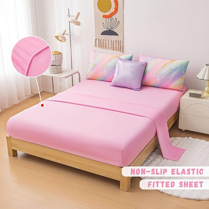 Rainbow Bedding Set Queen Size – 6-Piece Reversible Girls Comforter with Deep-Pocket Sheet, Gradient Galaxy Design, Whole-Piece Filling, Machine Washable Bed-in-a-Bag for Kids Room Makeover & Gifts