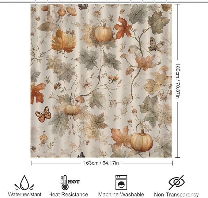 Fall Pumpkin Autumn Thanksgiving Shower Curtain Waterproof Washable Fabric Bathroom Shower Curtains for Bathroom Decorations Home Indoor Decor 64x72Inch