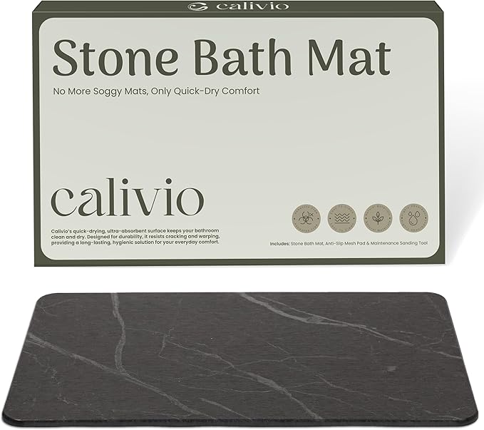 Quick Dry Shower Stone Bath Mat, Super Absorbent & Non-Slip 24 x 16 Inch Diatomaceous Earth Mat, Durable & Easy to Clean Diatomite Bath Mat for Bathroom Floor/Kitchen (Dark Gray)