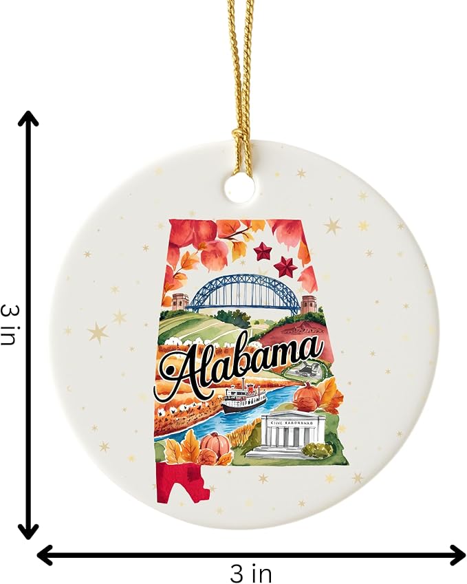 Alabama State Landmark Ceramic Ornament – Round Glossy Christmas Decoration Featuring U.S. State Art, Landmarks & Holiday Scenery – Collectible Travel Souvenir Ornament Series