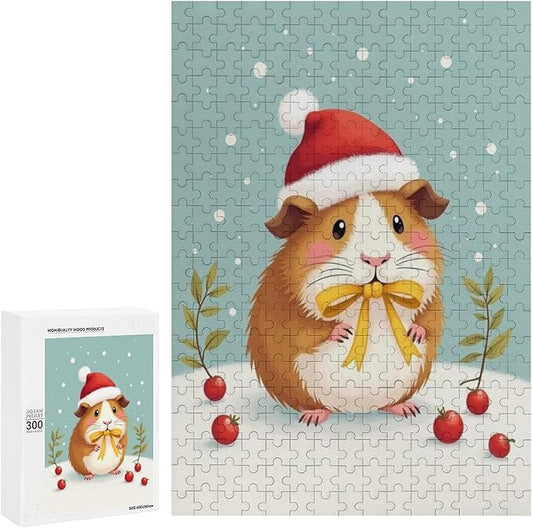 Wooden Puzzle - Hamster Christmas Hat Jigsaw Puzzles，Wooden Puzzles for Adults 300 Pieces Challenge Puzzles，Educational Games，Family Puzzles，Unique Gifts for Wall Art