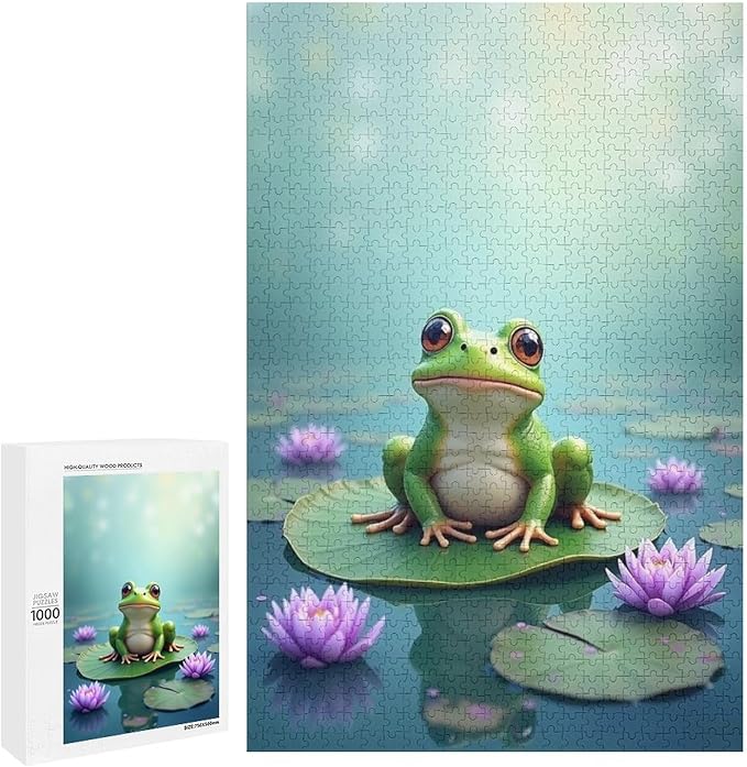 Puzzles for Adults 1000 Pieces Wooden Jigsaw Puzzle - Lotus Pond Frog Theme Puzzle，Party Games，Family Toys，Educational Puzzles，Stress Relief Wooden Puzzle，Gifts for Family，Colleagues and Friends