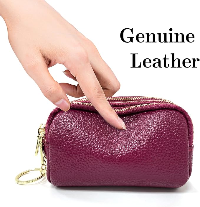 LINNO 3 Zippered Genuine Leather Coin Purse Triple Capacity Change Pouch Little Travel Wallet With Key Ring for Women