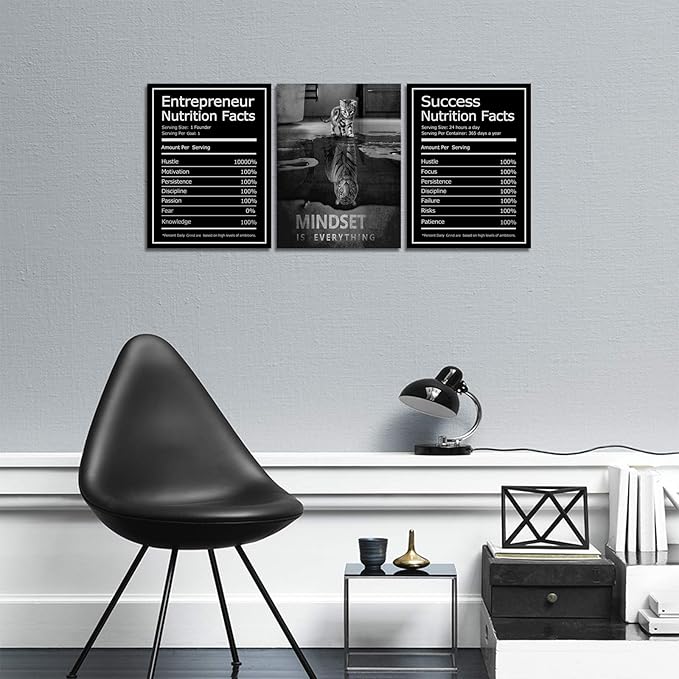 Mindset is Everything Wall Art Motivational Canvas Painting Wall Art Poster Prints Entrepreneur Bundle Set 3 Pieces Success Nutrition Facts (60" W x 28" H, Mindset)
