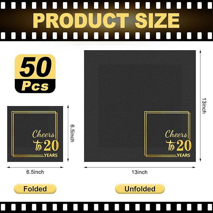 20th Birthday Cocktail Party Napkins-50PCS 13 * 13 inches Cheers to Years Disposable Paper Napkins for Birthday Wedding Anniversary Decorations Party Props Supplies Black and Gold (20th Napkins)