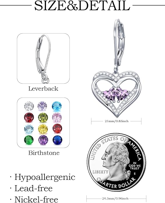 Heart Leverback Earrings Double Birthstone Dangle Earrings for Women, Love Jewelry for Her, Christmas Gifts for Women, Anniversary Birthday Gift for Mom Wife Girlfriend
