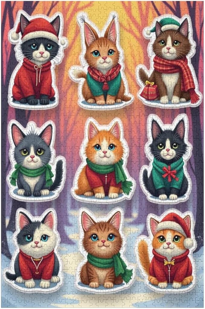 Wooden Puzzle 1000 Pieces Adult - Christmas Cat Puzzle Christmas Puzzles, Holiday Puzzles, Family Toys, Party Games, Jigsaw Puzzle Challenge and Funny
