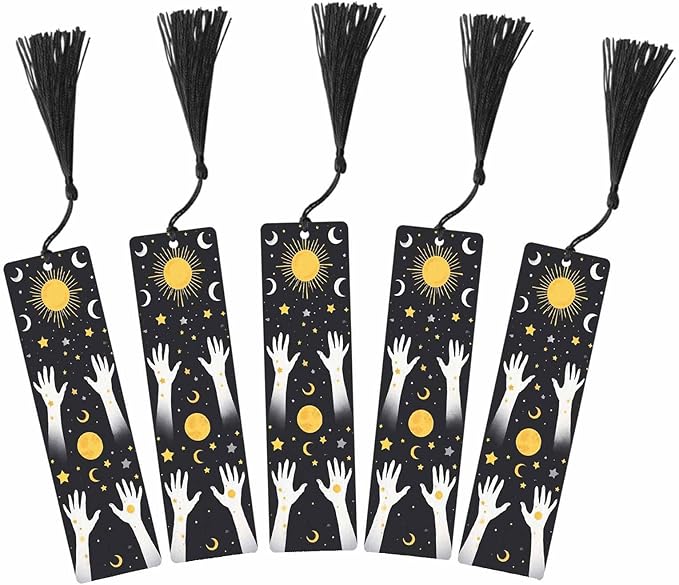 Halloween Bookmarks 5 Pcs with Tassels Bright Stars Moon Hands Mysterious Wooden Bookmarks for Reading Women Students Teacher Reader