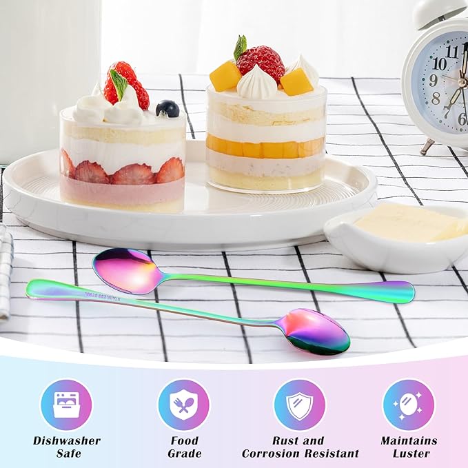 8 Pcs Long Handle Spoons,Satainless Steel Tea Spoons,Ice Cream Spoon,Long Coffee Spoon for Mixing Cocktail Stirring Tea Cold Drink Milkshake Dessert (Colorful)