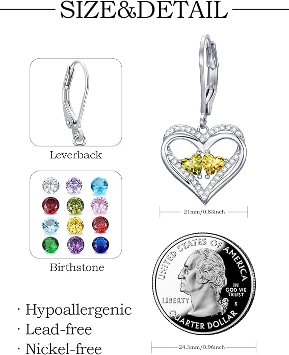 Heart Leverback Earrings Double Birthstone Dangle Earrings for Women, Love Jewelry for Her, Christmas Gifts for Women, Anniversary Birthday Gift for Mom Wife Girlfriend